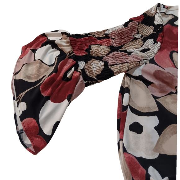 Alfani Top Blouse Stretchy L Floral Romantic Smocked Flare Sleeves Dressy Career - Picture 5 of 12